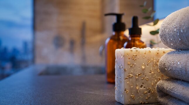 Luxury Boutique Resort Wellness Sanctuary with Fresh Soap and Linen Towels on Basalt Stone in a Zen Bathroom Setting
