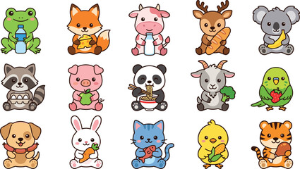 Cute kawaii animals eating food cartoon mascot characters set featuring frog panda cat rabbit tiger fox and koala vector illustrations © MdRezaul
