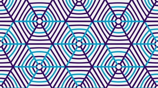 Abstract seamless pattern with geometric hexagonal shapes and concentric lines in blue and purple.