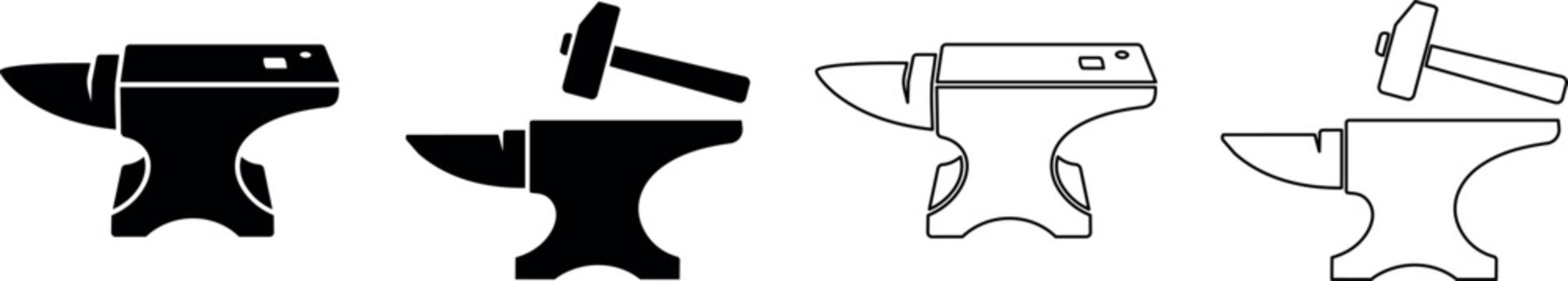 Blacksmith anvil and hammer icons in solid and outline styles