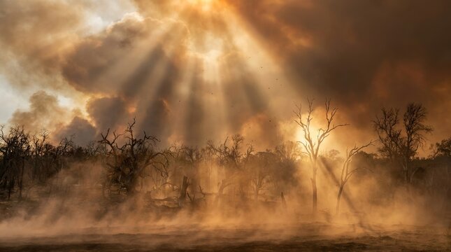 Dramatic light beams piercing thick wildfire smoke over burned trees