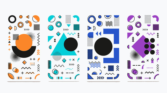 High contrast geometric abstract patterns on vertical banners.