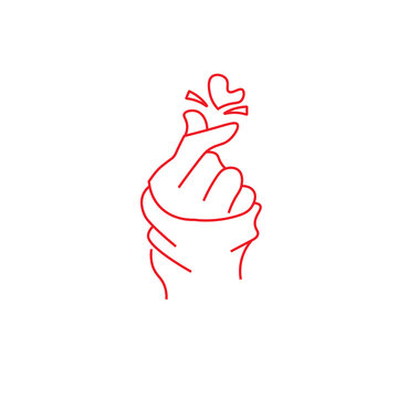 Korean finger heart gesture, red line art hand sign with small heart, minimalist k-pop style love symbol on white background