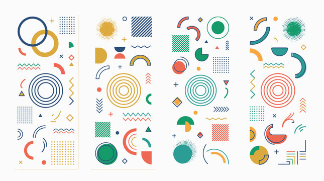 Vertical geometric banners with minimal colorful Memphis elements