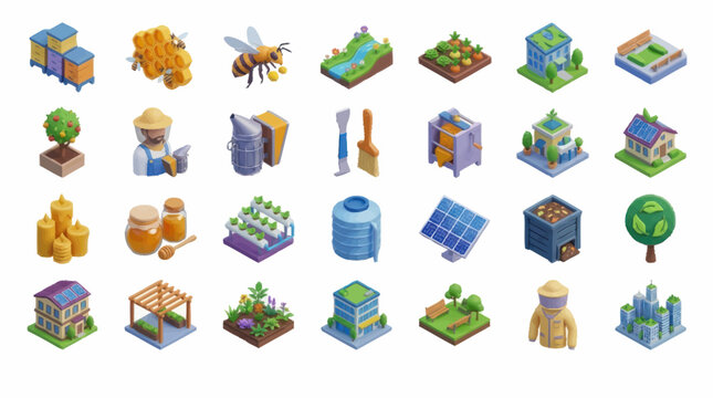 Colorful Isometric Pixel Art Icons Collection.
