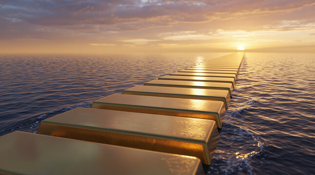 Golden stairway of gold bars stretching across the ocean toward sunrise symbolizing wealth growth and success