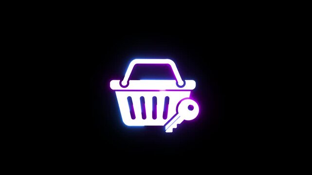 Neon shopping basket with key icon animation on black background showing secure commerce.