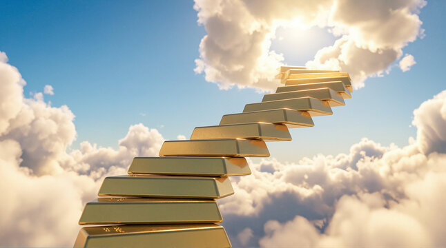 Floating gold bar staircase leading through bright clouds representing investment ambition and future prosperity
