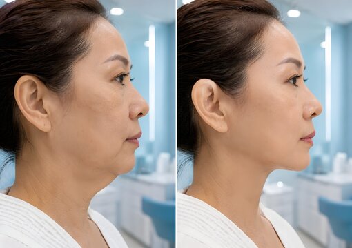 Before and after PDO thread lift for jowls correction mature asian woman profile