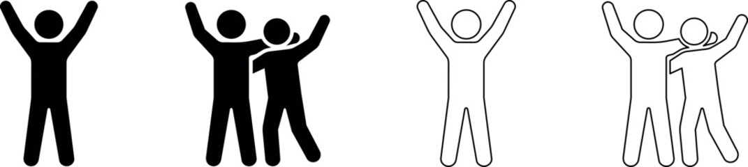 Fototapeta premium Two stick figures embracing with arms raised in celebration and joy