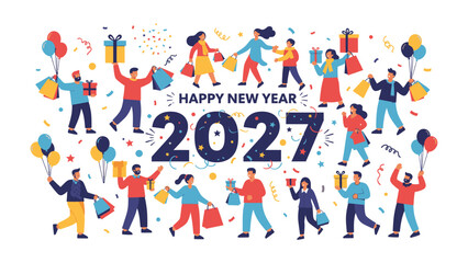 Fototapeta premium Happy New Year 2027 Celebration: A vibrant illustration depicting a diverse group of people celebrating the arrival of New Year 2027 with gifts, balloons, and confetti.