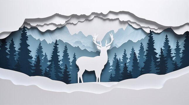 Paper Cut Art White Deer Silhouette in Winter Mountain Forest Landscape Concept