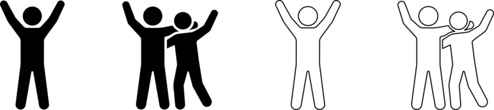 Two stick figures embracing with arms raised in celebration and joy