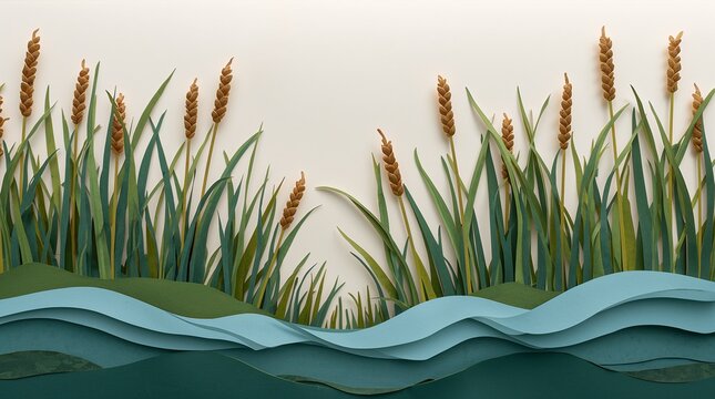 Paper Cut Art Wheat Grass and Water Ripples Nature Background Concept