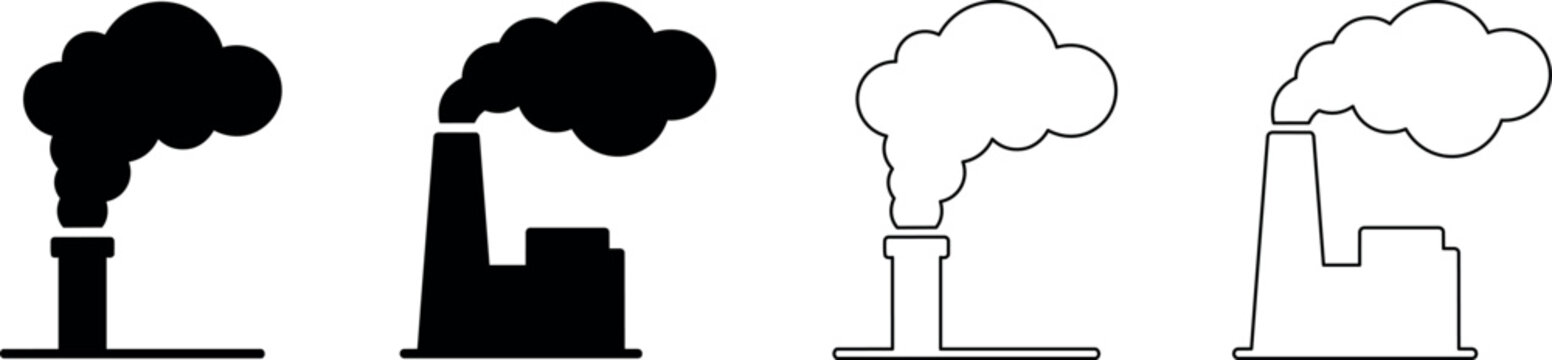 Factory chimney emitting smoke, presented as simple icons in black and white