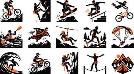Obraz premium Extreme sports and outdoor adventure activities vector icons set with mountain biking rock climbing snowboarding and paragliding black silhouettes