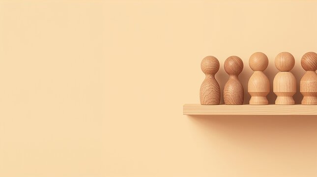 Wooden Peg Dolls Standing in a Row on Shelf Teamwork and Community Concept