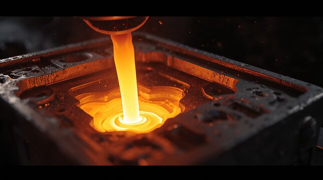 Molten Metal Pouring into Cast Iron Mold Glowing Orange Industrial Foundry Concept