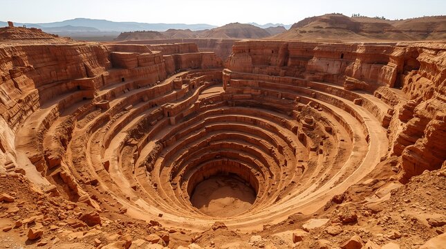 Aerial View of Spiral Open Pit Mine with Red Rock Terraces Mining Concept