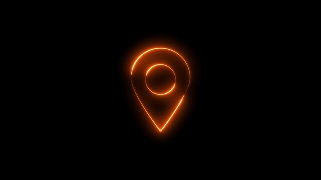 Glowing neon orange color location map sign icon animation position tracking direction address tags journey place navigation icon sign symbol on black background