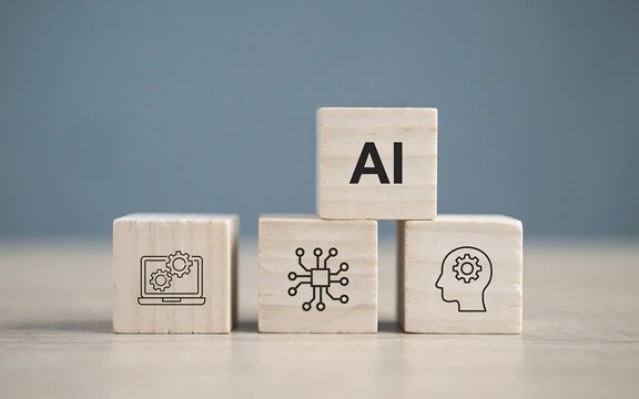 Artificial intelligence concept with wooden blocks. AI technology icons on cubes.