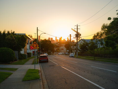 Street in Brisbane, Australia at sunset 