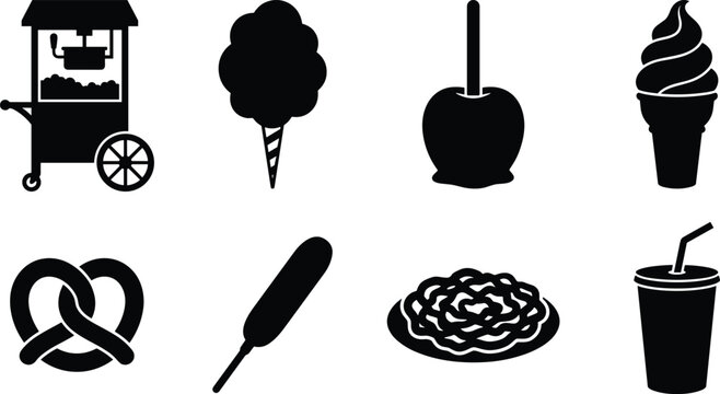 Carnival and Fair Food Icon Set Featuring Popcorn, Cotton Candy, Candy Apple, Pretzel, and Soda