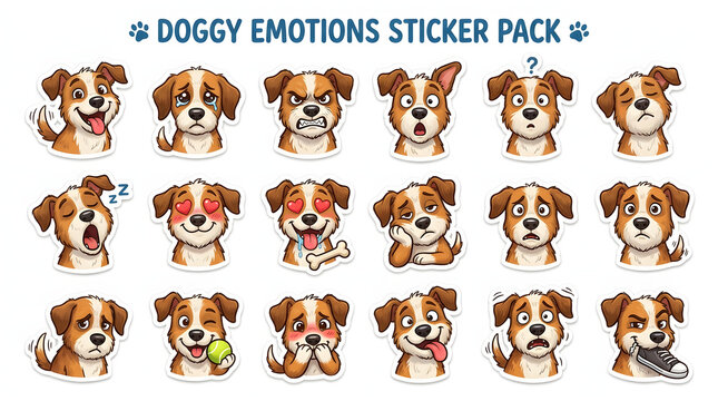 Collection of Cute Cartoon Puppy Dog Faces Showing Various Emotional Expressions and Fun Behavioral States as Adhesive Stickers