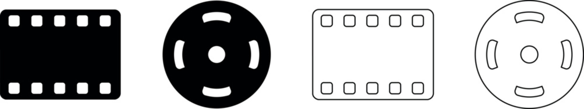Set of film reel and weight plate icons in solid and outline styles