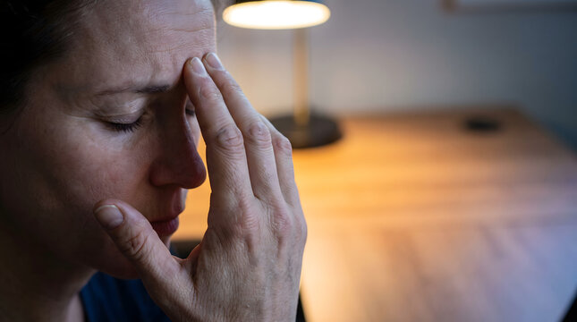 Overworked person with hand on head suffering from painful sinus pressure cluster headache or chronic health problem