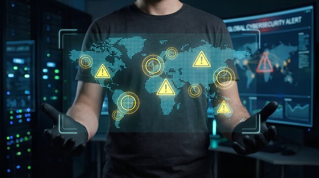 Global Cybersecurity Threat Monitoring with Digital World Map Hologram