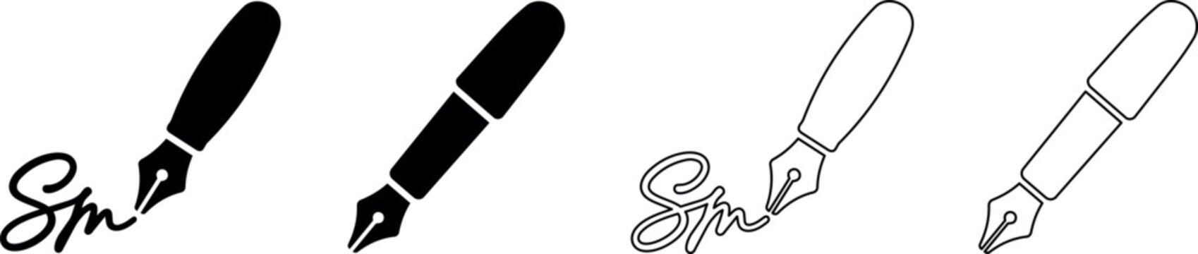 Fountain pen writing a signature in black and white icon set