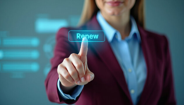Businesswoman touches glowing button. Person chooses renewal on futuristic interface. Digital choice for contract continuation or subscription update in modern tech.