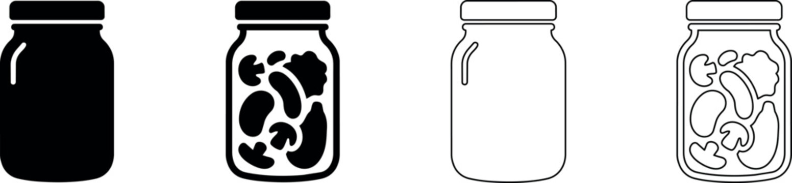 Collection of four stylized jars, two filled with preserved vegetables and two empty
