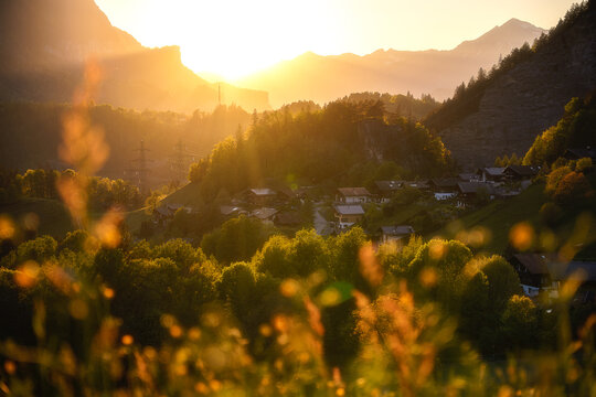 Innertkirchen village at golden sunset, Bernese Oberland