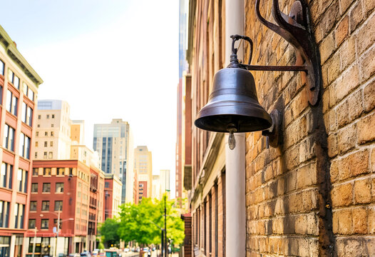 Metal alarm bell mounted on urban brick building wall