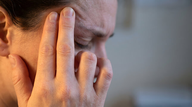 Tired person touching temple in distress suffering from cluster headache migraine attack or burnout health issue