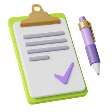 Modern 3D illustration of clipboard with green border, golden clip, purple checkmark, and stylish purple pen symbolizing completed tasks, checklist, documentation concept