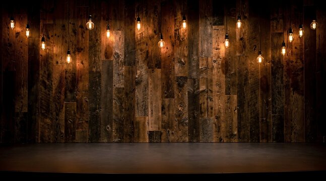 Rustic wooden wall with warm Edison bulb string lights creating a cozy atmosphere.