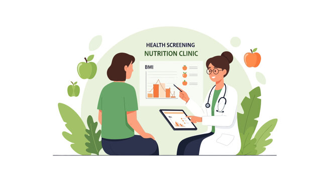 Nutritionist consults patient on health screening results at clinic, healthy lifestyle
