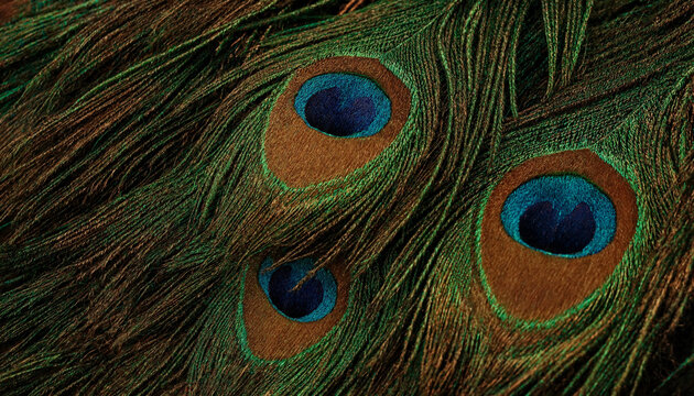 Close up macro shot of iridescent peacock feathers showing detailed texture with vibrant blue and green eyes and dark brown patterns