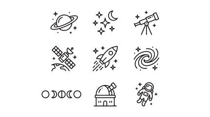 Minimalist space and astronomy line icon set, 9 galaxy exploration vector elements, celestial universe symbols for science education and web design © Tazeen
