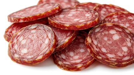 Obraz premium Stack of thin salami slices on white background. Round dry cured sausage pieces with fat texture closeup. Fresh red meat appetizer for party food plate gourmet sandwich. Tasty salty snack ingredient