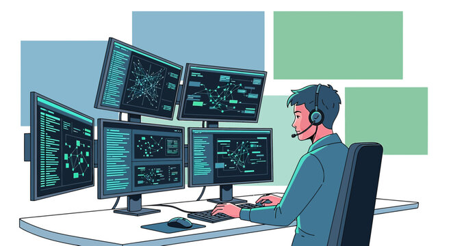 Operator at control desk with multiple monitors displaying data and networks