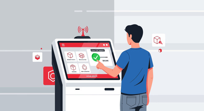 Person using interactive kiosk for package delivery and tracking