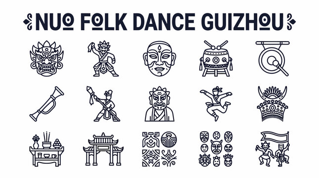 Nuo Folk Dance Guizhou Icons Set - Traditional Chinese Culture