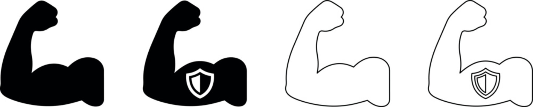 Bicep flex icons with shield symbol for strength and protection