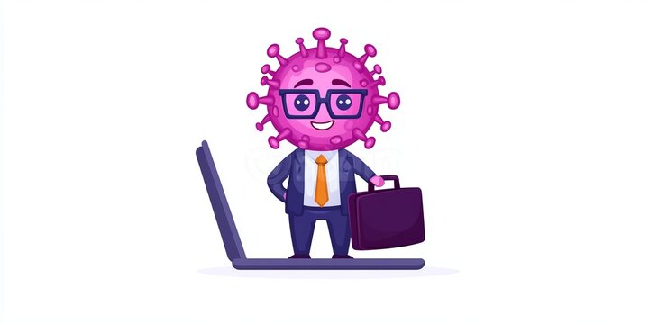Cartoon character representing a virus in business attire standing by an open laptop