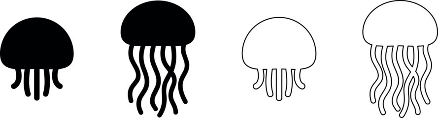 Set of simple jellyfish icons in black and white with different styles © Santiago