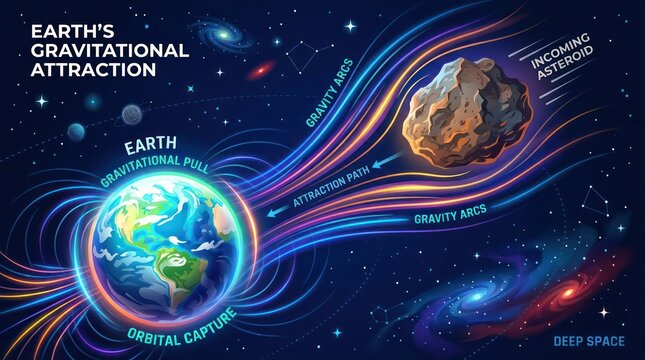 Earth's gravitational pull attracting asteroid in space. Cosmic planetary force field capturing celestial object near orbit.